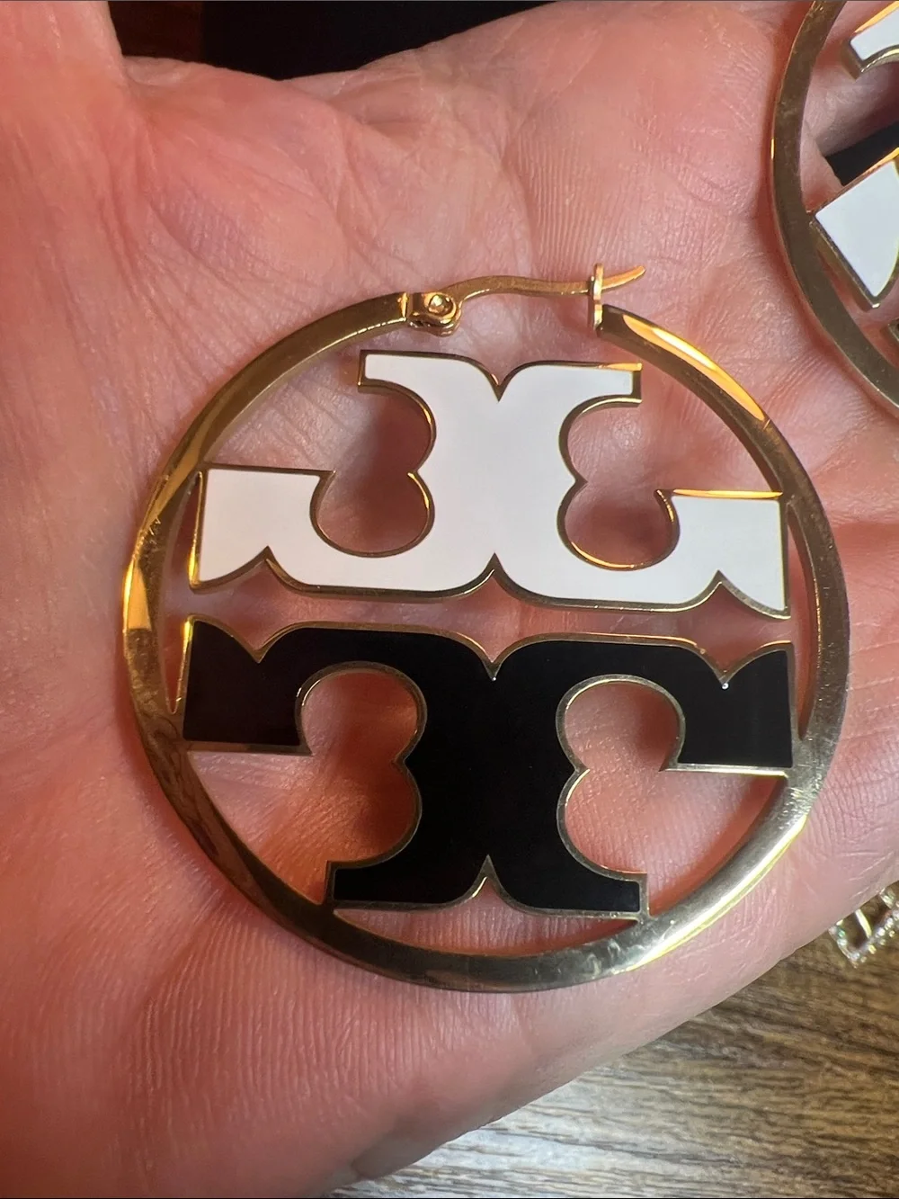 Gold-Tone Hoop Earrings with Black & White Enamel Accents